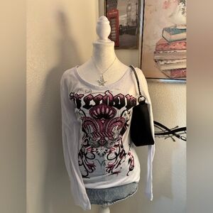 Elegant White and Pink Graphic Long Sleeve Blouse